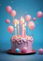 ai generado un rosado cumpleaños vela pastel es rodeado por estrellas y globos foto
