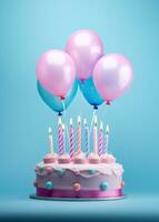 ai generado un cumpleaños pastel con cumpleaños velas y globos en un azul antecedentes foto