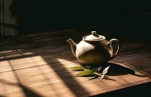 AI generated white teapot and leaf on wooden table photo