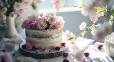 ai generado un cumpleaños pastel con flores en un mesa foto