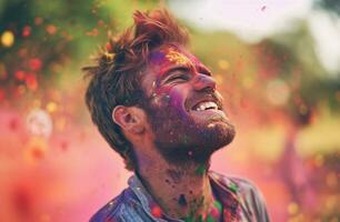 ai generado joven hombre teniendo un divertido día al aire libre como fiesta viene a un final foto