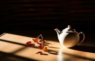 AI generated white teapot and leaf on wooden table photo