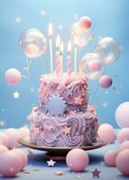 ai generado un rosado cumpleaños vela pastel es rodeado por estrellas y globos foto
