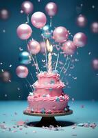 AI generated a pink birthday candle cake is surrounded by stars and balloons photo