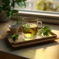 ai generado un taza de verde té con un bandeja lleno de té en eso foto