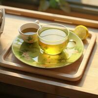AI generated a cup of green tea with a tray full of tea in it photo
