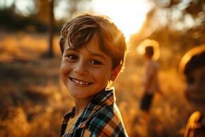 AI generated cute boy with smile standing in the outdoors with friend photo