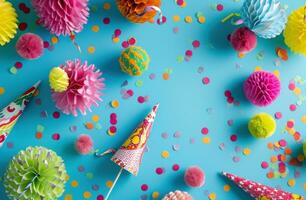AI generated colorful party decorations on a blue background, photo