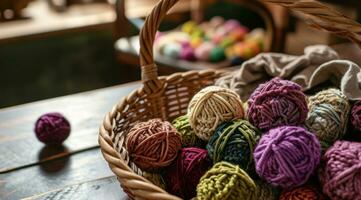 AI generated crochet balls in basket on wooden table photo