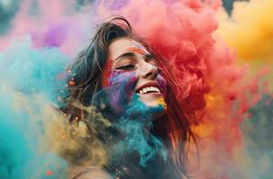 AI generated colorful smoke falling on a beautiful girl with a smile photo