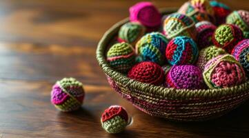 AI generated crochet balls in basket on wooden table photo