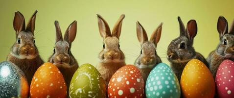 AI generated easter bunnies in front of colorful eggs background photo