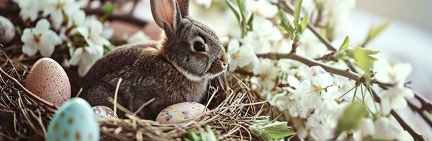 AI generated easter bunny nest with easter eggs and blossoms photo