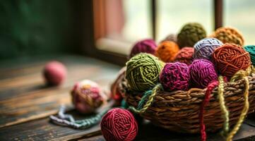 AI generated crochet balls in basket on wooden table photo