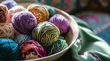 AI generated a bowl filled with many colorful balls of yarn, and pens photo