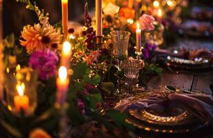 AI generated colorful wedding table settings with candles photo