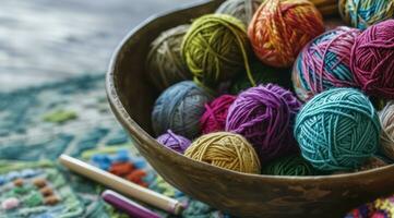 AI generated a bowl filled with many colorful balls of yarn, and pens photo