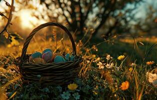 AI generated a basket filled with colorful eggs on a field photo