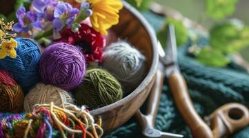 AI generated a bowl filled with many colorful balls of yarn, and pens photo