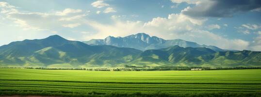 AI generated a blurring image of a field and mountains photo