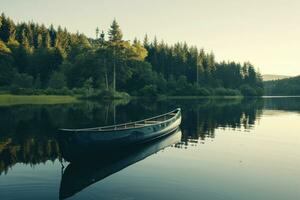 AI generated a canoe is floating in a lake near trees photo