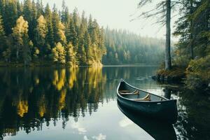 AI generated a canoe is floating in a lake near trees photo