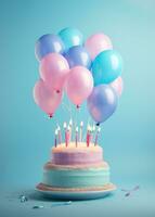 AI generated a birthday cake with birthday candles and balloons on a blue background photo