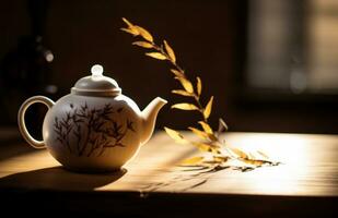 AI generated white teapot and leaf on wooden table photo