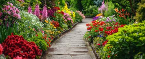 AI generated a beautiful garden pathway with colorful flowers photo