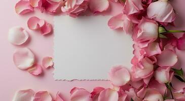 ai generado un blanco papel y Rosa pétalos en un rosado antecedentes foto