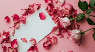 ai generado un blanco papel y Rosa pétalos en un rosado antecedentes foto