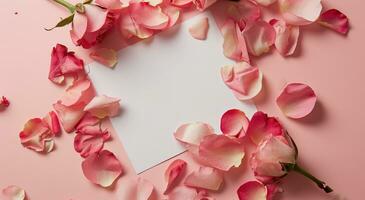 AI generated a blank paper and rose petals on a pink background photo