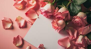 ai generado un blanco papel y Rosa pétalos en un rosado antecedentes foto