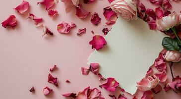 AI generated a blank paper and rose petals on a pink background photo