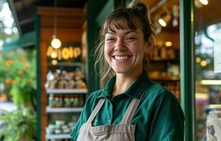 ai generado un hermosa verde empleado sonriente en frente de un Tienda foto