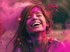 AI generated a girl smiling happy with colorful powder photo