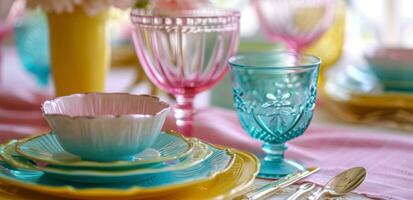 AI generated a colorful table setting with pink and blue plates and cups photo