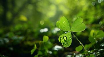 ai generado un cuatro hoja trébol hoja en un verde antecedentes foto