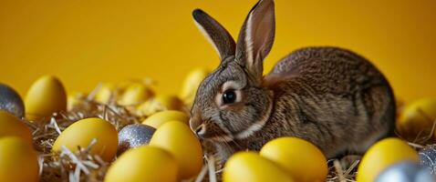 ai generado un manojo de marrón conejos con amarillo Pascua de Resurrección huevos en un naranja antecedentes foto