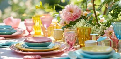 AI generated a colorful table setting with pink and blue plates and cups photo