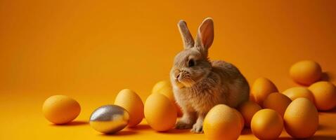 AI generated a bunny and some eggs sitting in the middle of an orange background photo