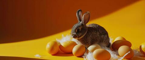 ai generado un conejito y algunos huevos sentado en el medio de un naranja antecedentes foto