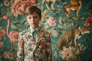 AI generated a boy dressed in a flowery suit poses in front of patterned animals photo