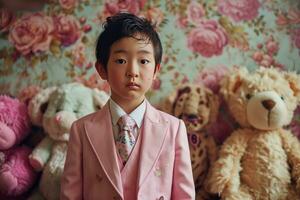 AI generated a boy wearing a pink suit and tie standing in front of stuffed animals photo