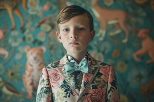 AI generated a boy dressed in a flowery suit poses in front of patterned animals photo