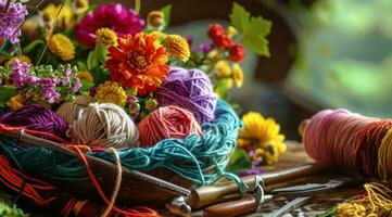 AI generated a bowl filled with many colorful balls of yarn, and pens photo