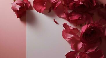 ai generado un blanco papel y Rosa pétalos en un rosado antecedentes foto