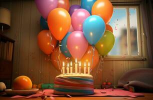ai generado un cumpleaños pastel a el frente de un habitación con globos foto