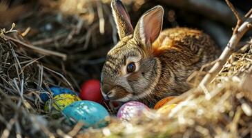 ai generado un marrón Conejo en un nido con brillantemente de colores huevos foto