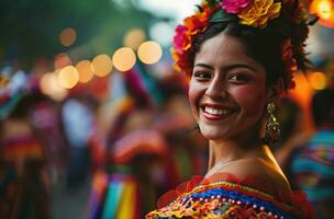 ai generado un contento carnaval bailarín sonriente como ellos caminado mediante un ciudad foto